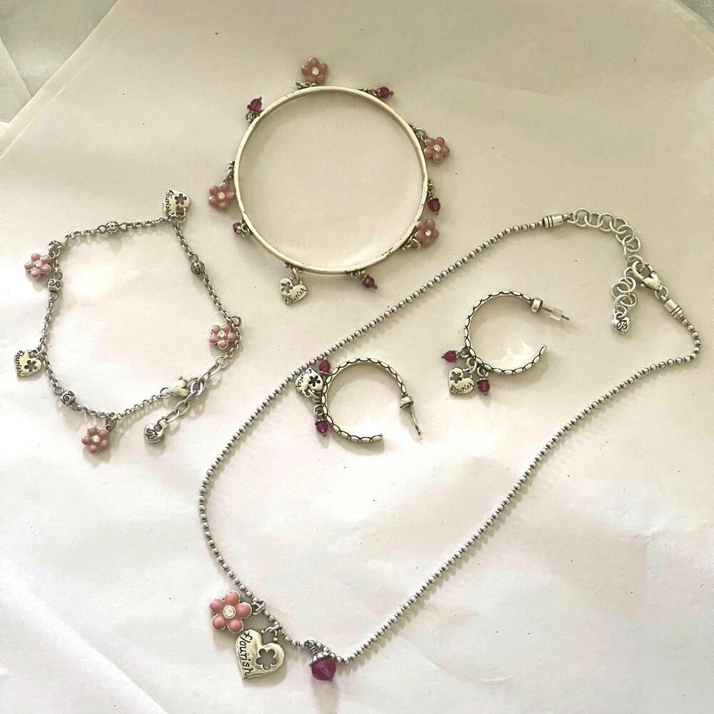 Brighton Jewelry Set Flourish W/ Pink Flowers & Hearts Necklace Bracelet Earring